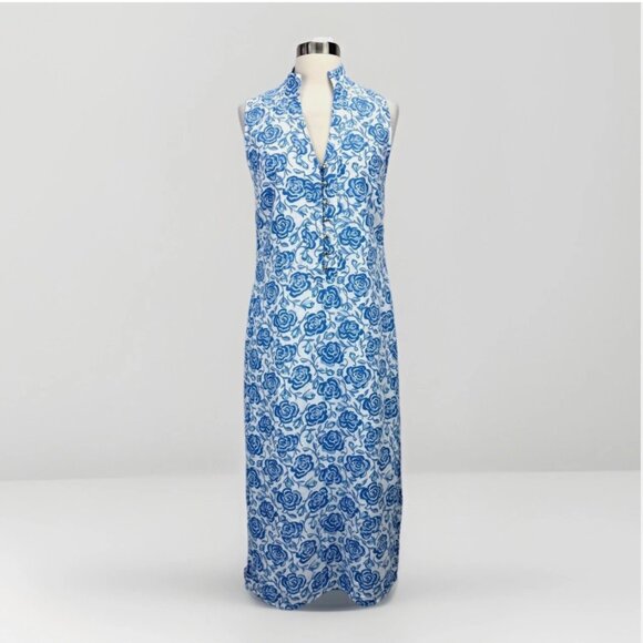Sail to Sable STS Floral Linen Blend Dress Blue White Midi Classic Wedding Guest - Picture 1 of 15